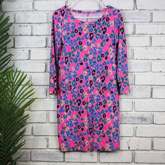 Lilly Pulitzer Corine Sunkissed Paws Off Leopard Print Long Sleeve Shift Dress S - Picture 1 of 4